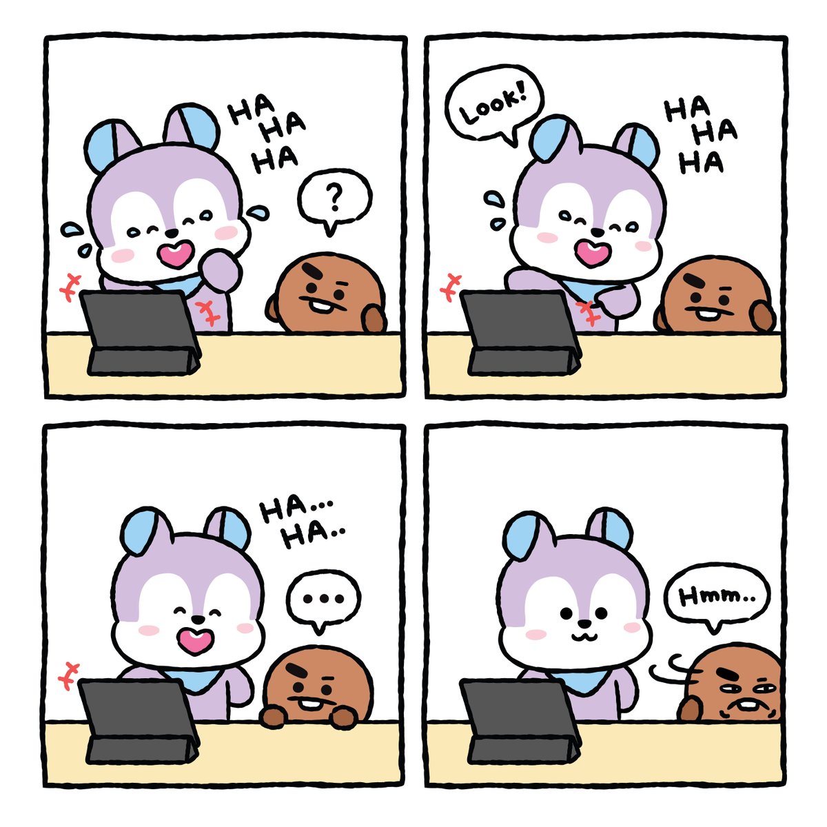 BT21_Japan's tweet photo. SHOOKY💬：これ面白いの…？
MANG💬 : これ面白くないの…？

#BT21 #笑いのツボが違う件 #リアクションの差 https://t.co/ipBb4najpB