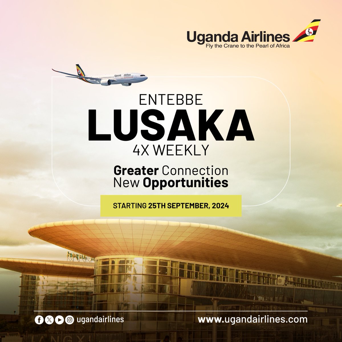 Discover Greater Connections and New Opportunities in #Lusaka. Commencing this September, flights will operate 4X weekly.

Book your Flight today via our Website or mobile app
ugandairlines.com/destinations/d…
#FlyUgandaairlines #abujalusakaharare