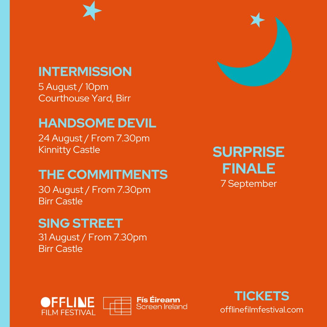 📢 ANNOUNCEMENT
🌕 Moonlit Movies - Screenings

We will have 5 outdoor screenings for our Moonlit Movies series this August &amp; September.

🎟️ offlinefilmfestival.com/moonlitmovies/

Moonlit Movies is thanks to funding from <a href="/ScreenIreland/">Screen Ireland</a>