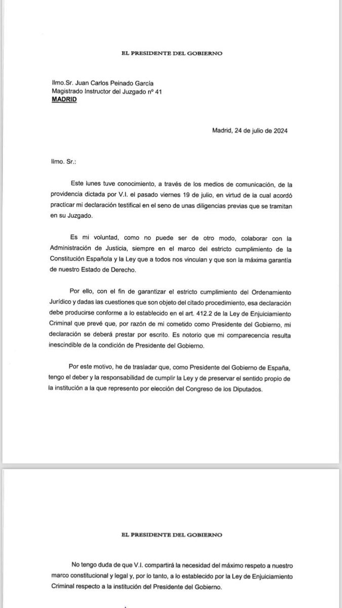 🔴 #ÚLTIMAHORA | Pedro Sánchez le envía una carta al Juez Peinado exigiéndole que su declaración sea por escrito para evitar así el bochorno internacional.