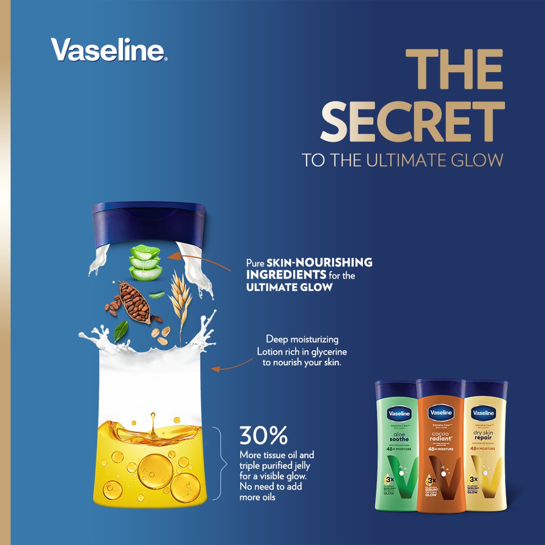 POV: You just bought the new Vaseline lotion and are surprised you don’t need more oils or glycerine for that ultimate glow you like, how?

The secret is 30 % more oils combined with the pure natural ingredients in the new formulation. Grab one today to feel the difference.
