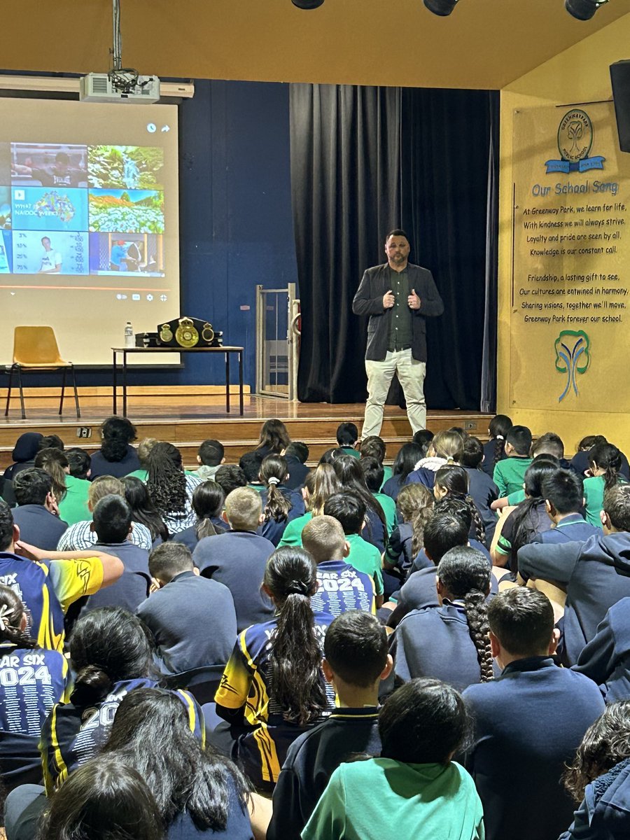 _KatrinaTurner's tweet photo. Stage 3 students heard an inspiring yarn today about working hard towards your dreams from Olympian and Commonwealth Games Gold medalist Daniel Geale. Proud First Nations role model. GPPS NAIDOC WEEK 2024. @GreenwayParkPS @david_shearer4 https://t.co/cGexjzjUDG