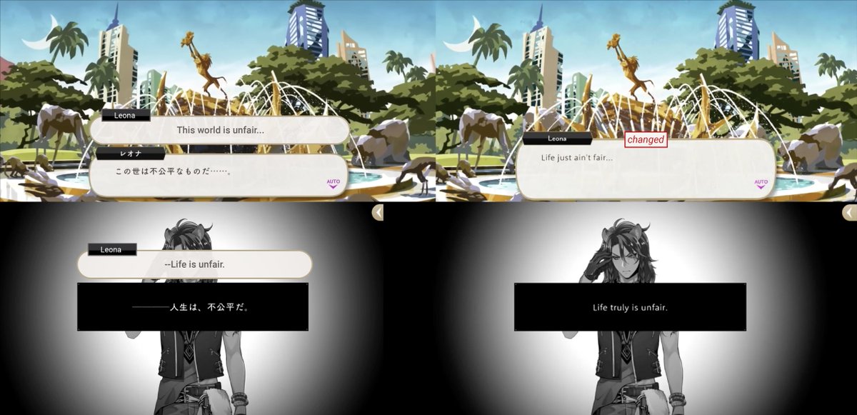 YuuRei20's tweet photo. Cloudcalling Event Dialogue Comparison (part 2/3) #twstdialogue

Interestingly Leona’s original opening line is “This world is unfair,” which is different from his Main Story line of “life is unfair.”

EN changed the event line to match his line from the main story.
1/9 https://t.co/o70TRE94Ap