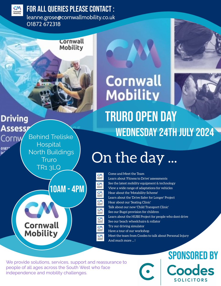 Coodes's tweet photo. Today is @cornwallmob's Truro Open Day—an event which Coodes are proud to sponsor.
Come and meet the team, see the latest in mobility equipment, hear about Motability and much more. We look forward to seeing you there: https://t.co/4kkXN0EbE3
#CornwallMobility #CornwallEvents https://t.co/4TMtjszbnb