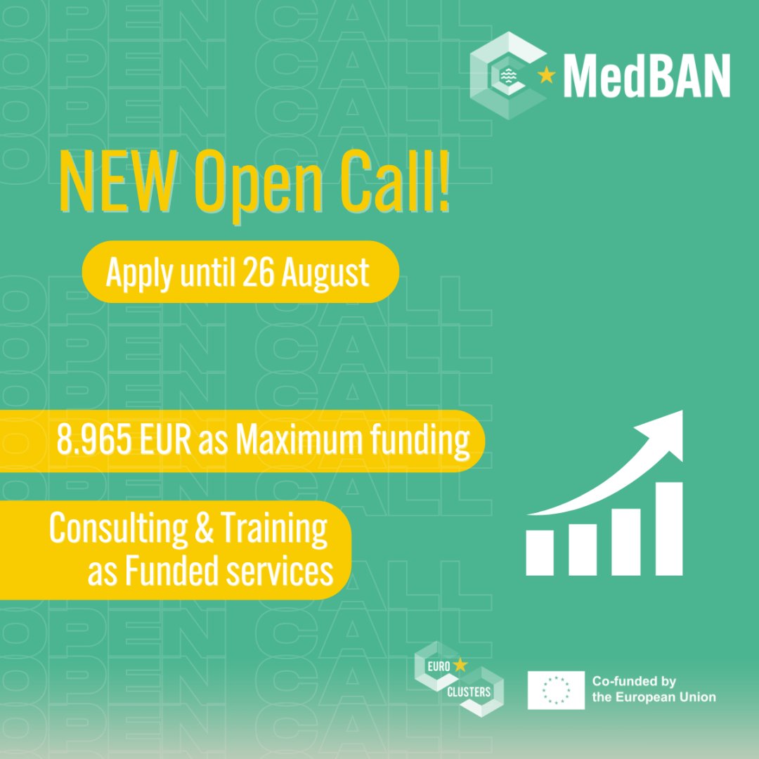🌊<a href="/MedBAN_EU/">MedBAN</a> open call for Consulting &amp; Training for SMEs in:
🎯Aquaculture
🎯Fisheries
🎯Tourism
🎯Harbours
🎯Marine renewable energies

Internationalisation💶8.965 EUR per SME
Innovation &amp; Twin Transition💶17.930 EUR

Apply before August 26👉#ECCP: clustercollaboration.eu/content/open-c…