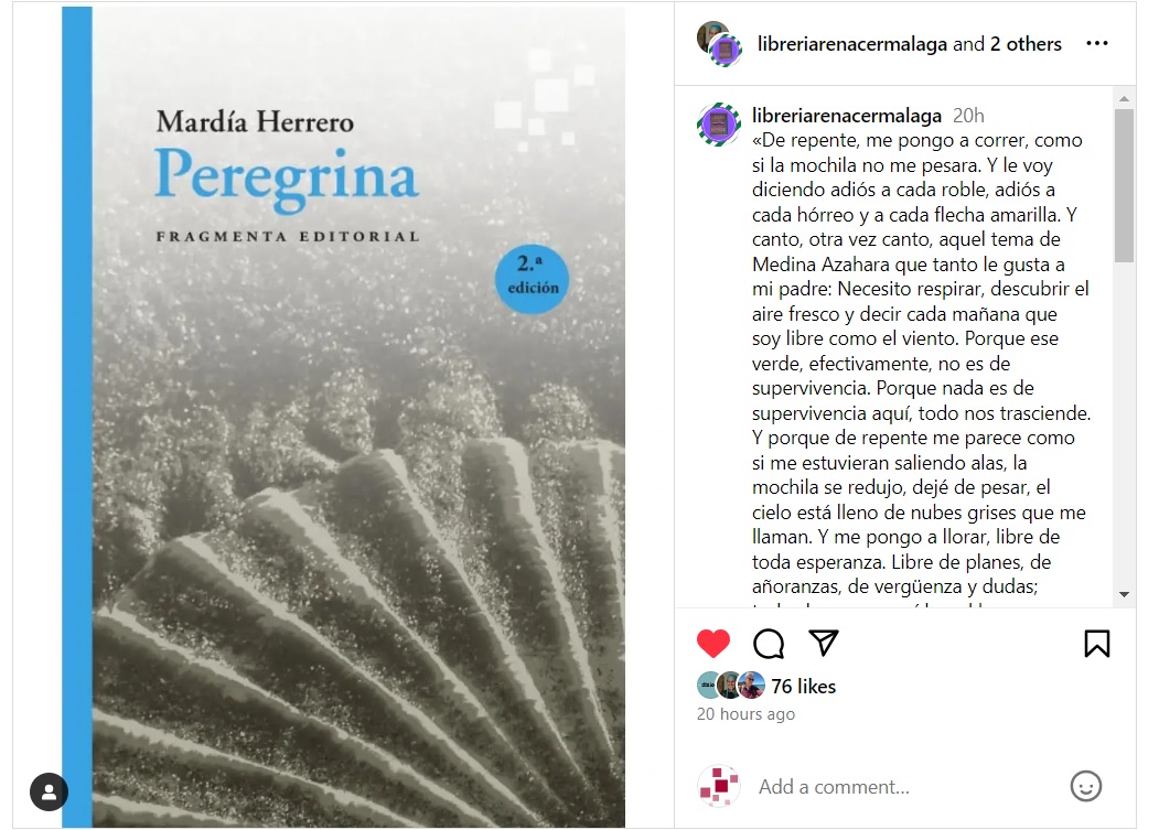 📸 La librería <a href="/RenacerLibros/">Librería Renacer</a> de #Málaga cuelga en Instagram un fragmento de 'Peregrina', de <a href="/HerreroMardia/">Mardía Herrero</a> instagram.com/p/C9w0e9hoB-t/

🛒 Pídeselo per whatsapp al 623 973 351

📘 Web del libro: ow.ly/4axU50L9qce