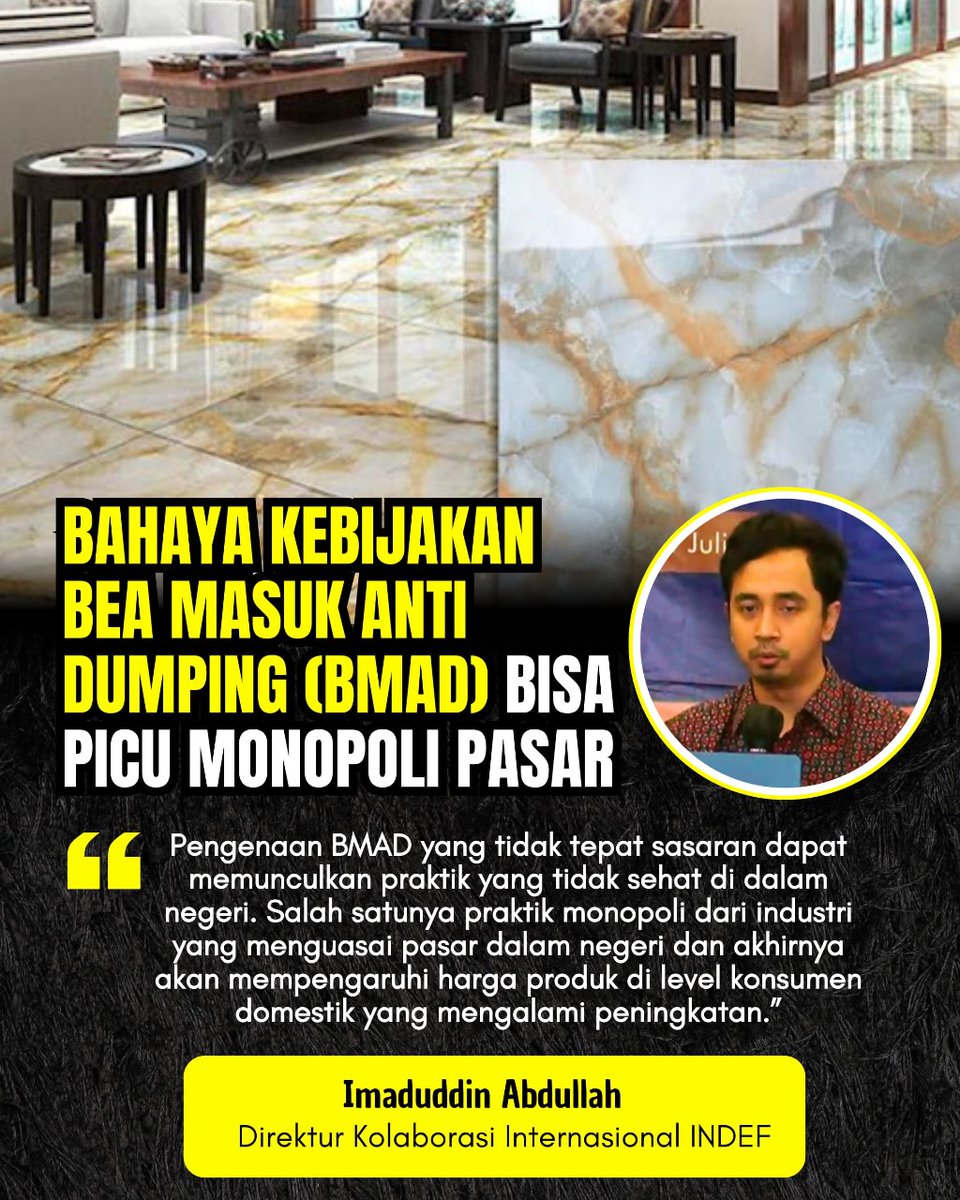 TheTreize's tweet photo. Direktur kolaborasi internasional Indef sebut bahaya kebijakan bea masuk anti dumping yg bisa memicu monopoli di pasar, apalagi usulan KADI soal tarif yg terlalu tinggi itu. https://t.co/fcX6HCeLut