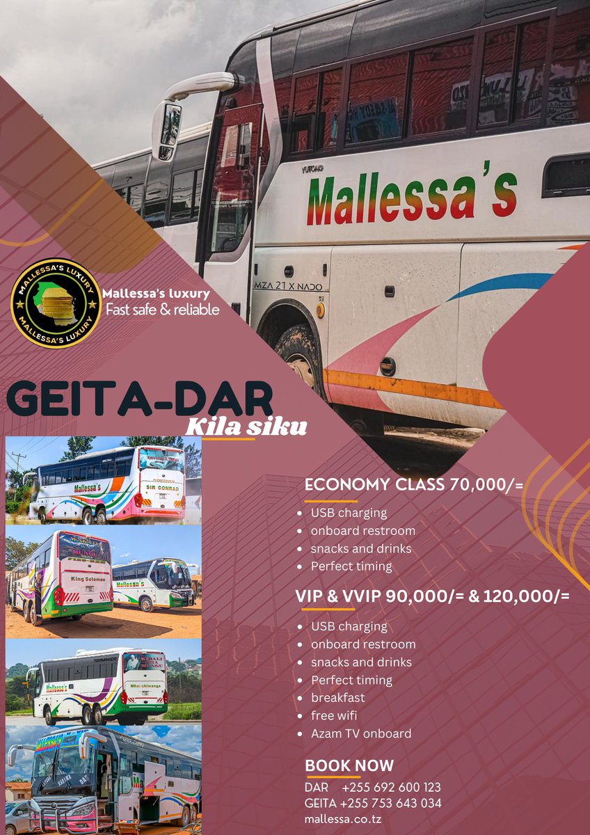 mallessa_luxury's tweet photo. Safari yako ijayo inaanza hapa! Asante kwa kutuamini na kutuchagua 🚍💫 
Mallessa's luxury DAR ➡️ GEITA KILA SIKU 
#PandaNaSisi #SafariNaSisi https://t.co/PrQPCnhBTz