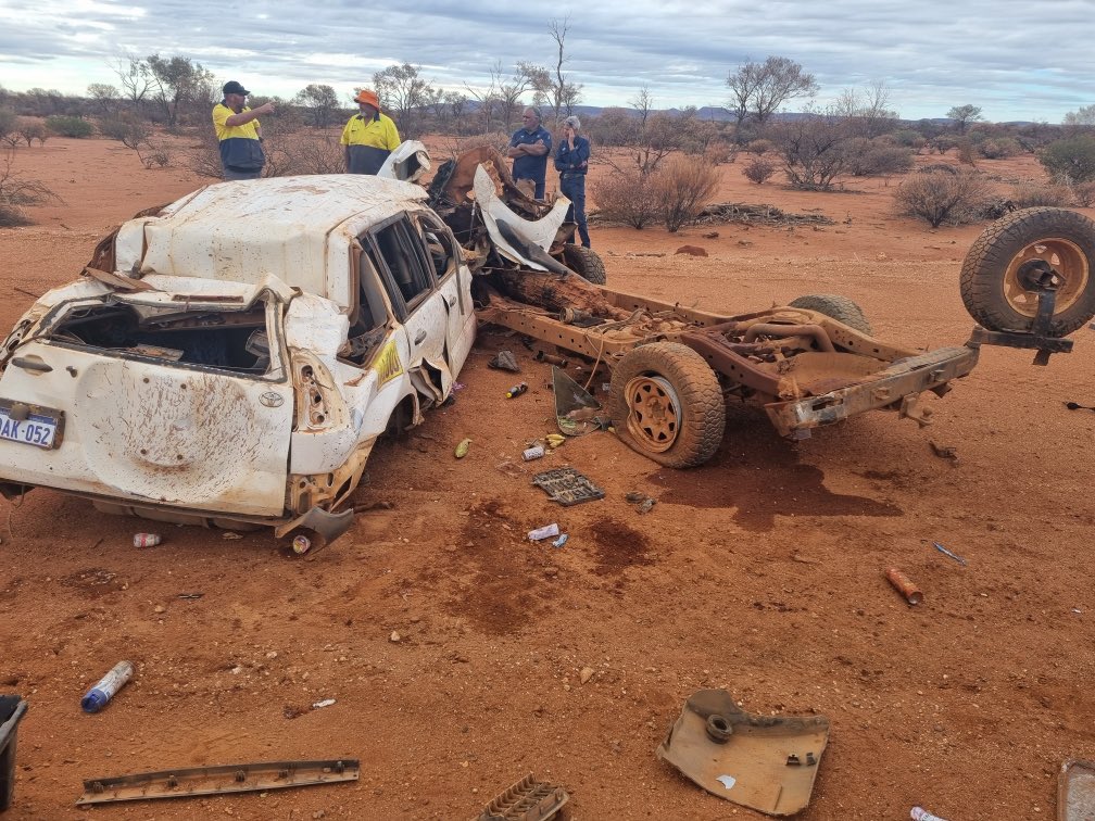 Please drive safely and slow down on our outback roads, particularly when on unfamiliar dirt roads that have been affected by recent rains. This driver was very lucky to have walked away. 

Stay safe and drive to the conditions. Burri Police. #FB #uppergascoyneshire