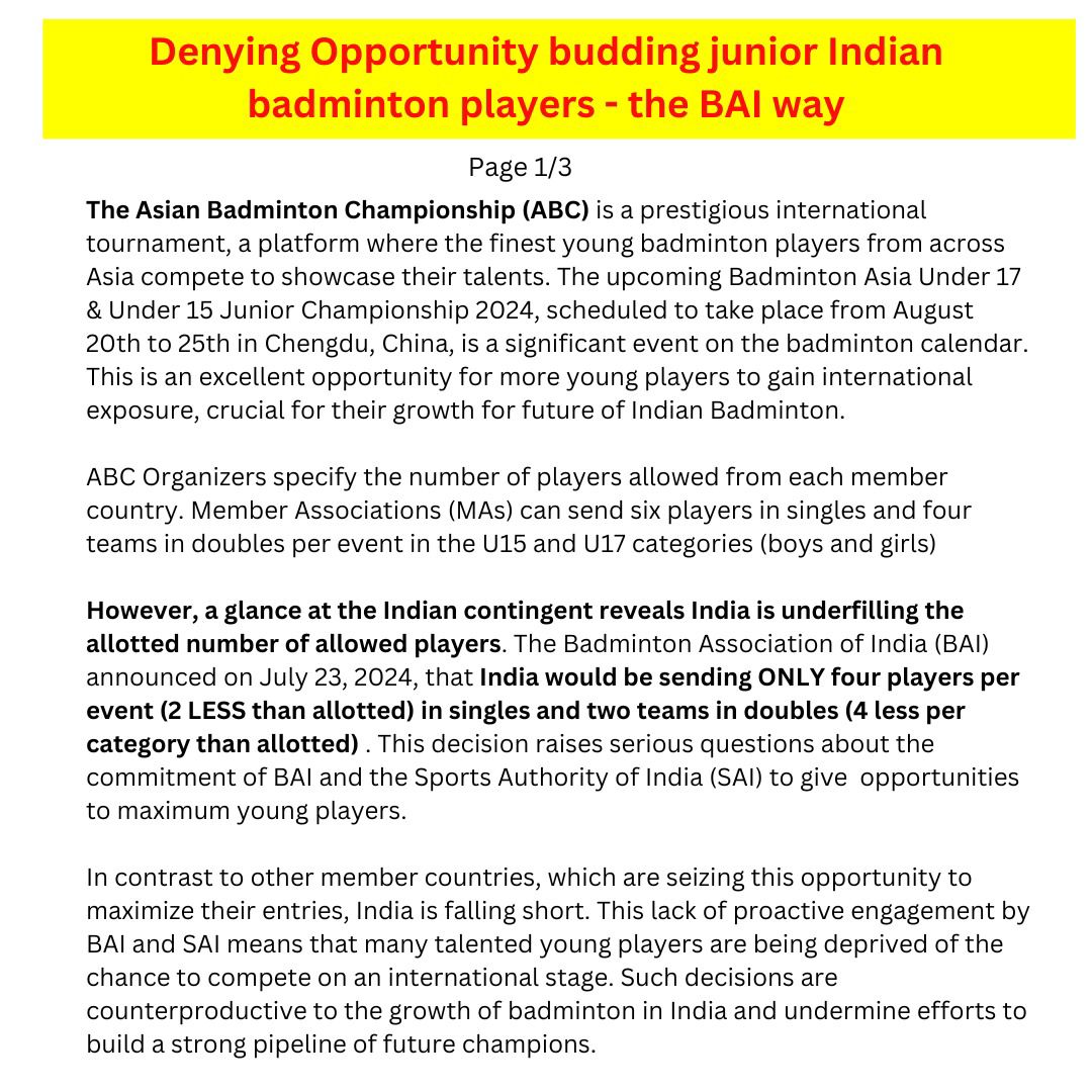 FairBadmintonIN's tweet image. Young Indian Junior Badminton players denied the opportunity to represent India at the Asian U15/U17 Badminton Championships in China.

Hope BAI and SAI course-corrects ...2 days (26 July) to go to send final entries....