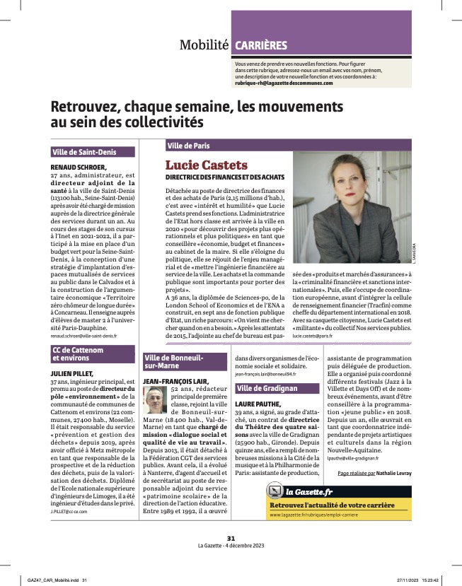 Nathalie Levray (@nlevray) on Twitter photo En 12/23, je brossais le portrait de <a href="/CastetsLucie/">Lucie Castets</a> qui paraissait dans <a href="/Lagazettefr/">La Gazette des communes</a> rubrique Mobilités - Carrière.
A relire. Quand qqch se passe, c'est dans <a href="/Lagazettefr/">La Gazette des communes</a> ! En 12/23, je brossais le portrait de <a href="/CastetsLucie/">Lucie Castets</a> qui paraissait dans <a href="/Lagazettefr/">La Gazette des communes</a> rubrique Mobilités - Carrière.
A relire. Quand qqch se passe, c'est dans <a href="/Lagazettefr/">La Gazette des communes</a> !