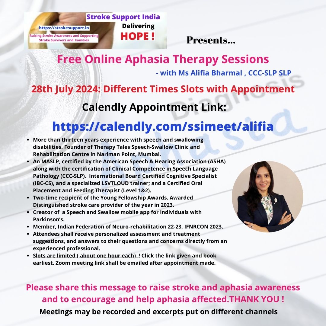 Happy to announce Free online one to one Aphasia Therapy Sessions
28 July 2024
Booking link:
calendly.com/ssimeet/alifia

Please join / share with any it may benefit. Thanks!