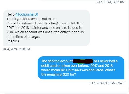 toolpusher01's tweet photo. @gtbank I am yet to understand what happened to the remaining $20. You claim $20 was valid SI for 2017 and 2018 maintenance fees. Two years fee should be $20 but $40 was debited from an account without a card. You stopped replying to DMs since I asked about this. @gtbank_help https://t.co/aYT1PdqHsB