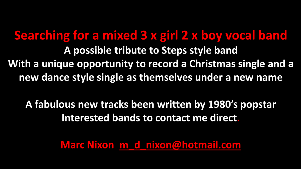 MarcNixon_New's tweet photo. NEXT NEW PROJECT
Another fabulous recording opportunity for the right band, this time we are searching for a STEPS Tribute style band to record amazing tracks in your own name. #stepstribute #singers #band #music #recording @Gillylancs @ChrisJEGregory @SeanUsherRadio @angie_buk https://t.co/crJRWxD9TV