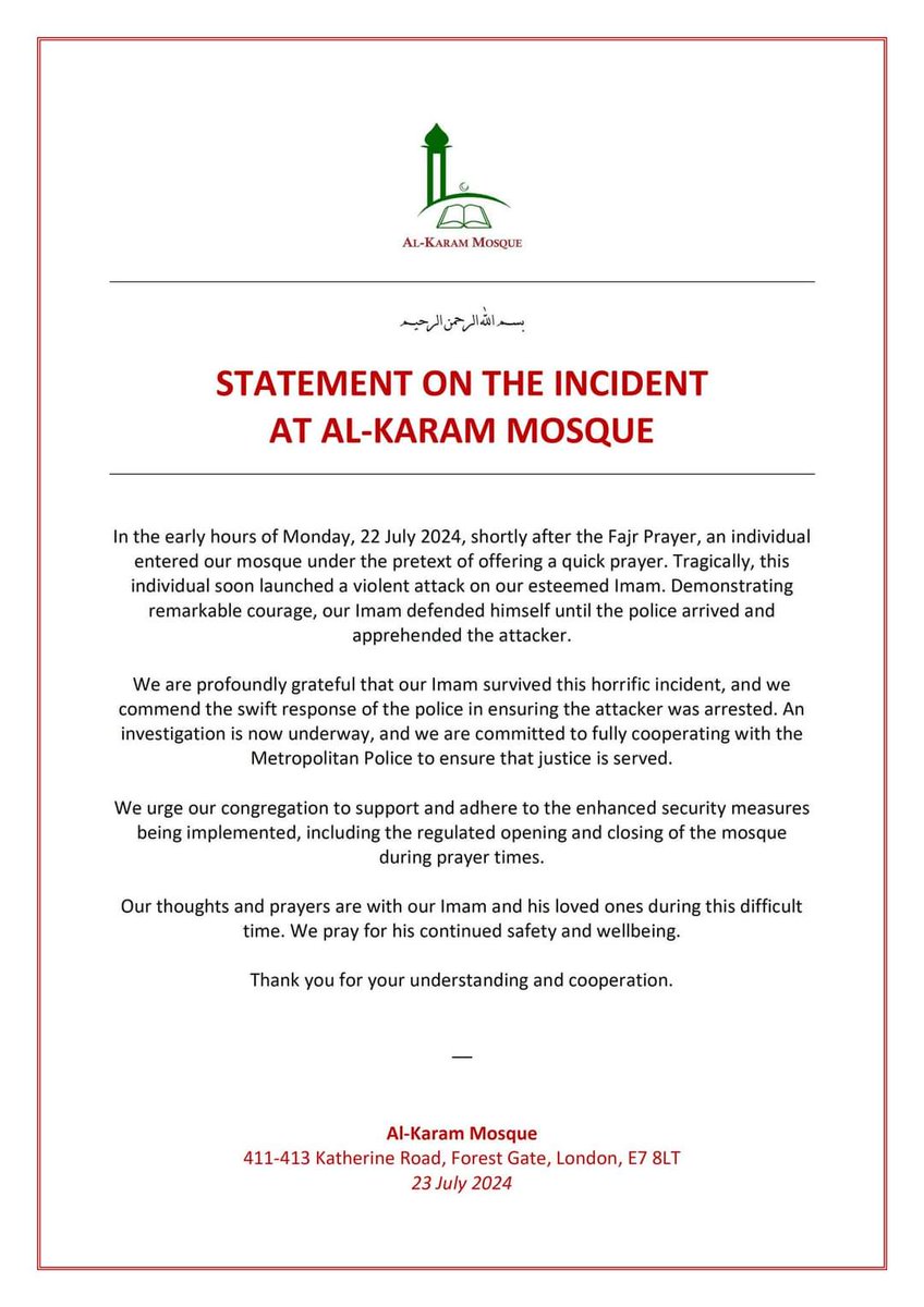 Imam attacked in Al Karam Mosque in East London.
