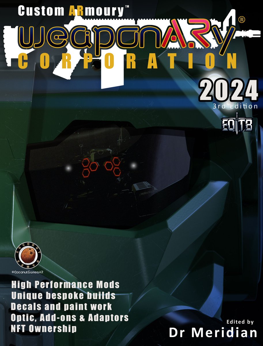 coconutgamesAR's tweet photo. Check out this third edition @weaponARyCorp Cover.
@WeaponARy_Game - the first title to merge AR, Custom Decals, Items, Artefacts and Bespoke designs. #AR #NFTgames #nftarti̇st #NFT #cryptocurrency #CryptoNews #games #web3game #web3 #DigitalorTangible #nftcollectors #weapons https://t.co/0KquuVKNXo