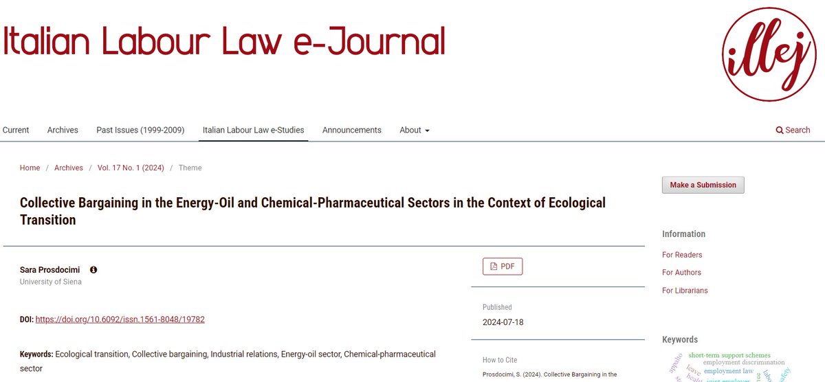 ProsdocimiSara's tweet photo. Nell'ultimo numero di Italia Labor Law E-Journal, un mio contributo su #CollectiveBargaining in the Energy-Oil and Chemical-Pharmaceutical Sectors in the Context of #EcologicalTransition.
➡️https://t.co/YKzK7rbWxR
Current Issue Vol. 17 No. 1 (2024) https://t.co/gJU9WyPBp7 https://t.co/mbsgvcd2Fn