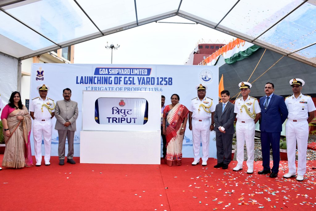 DefProdnIndia's tweet photo. The first of two Advanced Frigates under construction by #GSL for the #IndianNavy, was launched on 23 Jul 24 at #Goa
The ship was launched by Smt Rita Sreedharan to the invocation from Atharva Veda, in the presence of Shri P S Sreedharan Pillai, Honโble Governor of Goa. https://t.co/Iwj2RvYNgD