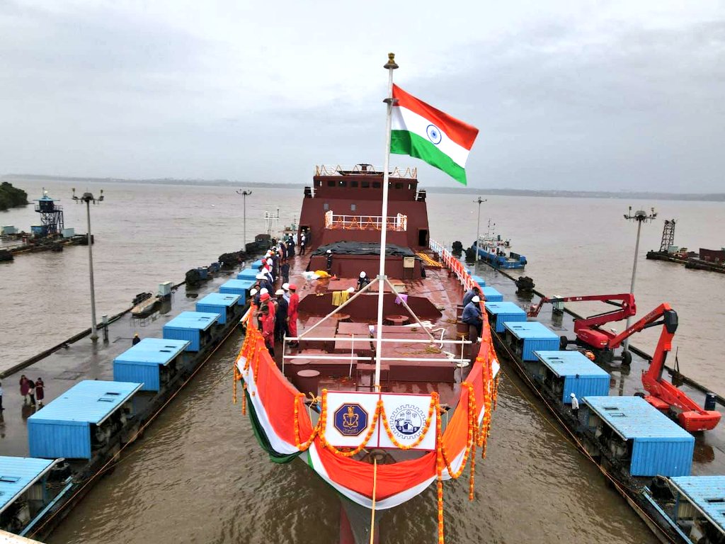 DefProdnIndia's tweet photo. The first of two Advanced Frigates under construction by #GSL for the #IndianNavy, was launched on 23 Jul 24 at #Goa
The ship was launched by Smt Rita Sreedharan to the invocation from Atharva Veda, in the presence of Shri P S Sreedharan Pillai, Honโble Governor of Goa. https://t.co/Iwj2RvYNgD