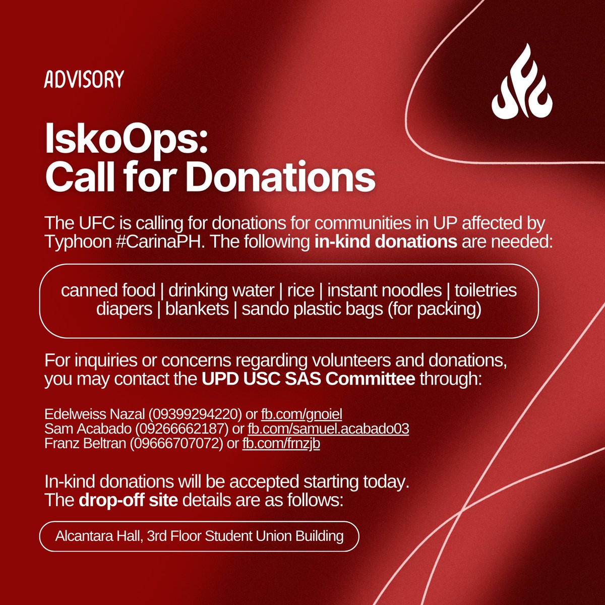 UFCUPDiliman's tweet photo. UFC Advisory | #IskoOps
The UPD USC is organizing IskoOps, a relief drive for families and communities affected by Typhoon #CarinaPH. https://t.co/QhVAogYNcd