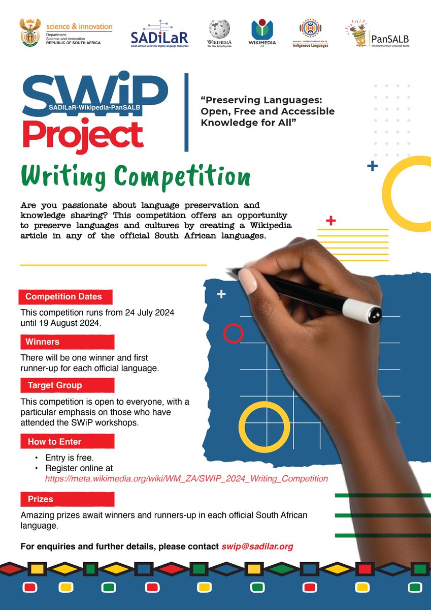 SADiLaR (@sadilar_za) on Twitter photo COMPETITION TIME📢
Do you have what it takes to become a super contributor & enhance content in all official SA languages on <a href="/Wikipedia/">Wikipedia</a>? Enter the SWiP competition aimed at preserving official SA languages on the free encyclopedia!
Enter here: bit.ly/3zSujTW
<a href="/PanSALB/">Pan South African Language Board</a> COMPETITION TIME📢
Do you have what it takes to become a super contributor & enhance content in all official SA languages on <a href="/Wikipedia/">Wikipedia</a>? Enter the SWiP competition aimed at preserving official SA languages on the free encyclopedia!
Enter here: bit.ly/3zSujTW
<a href="/PanSALB/">Pan South African Language Board</a>
