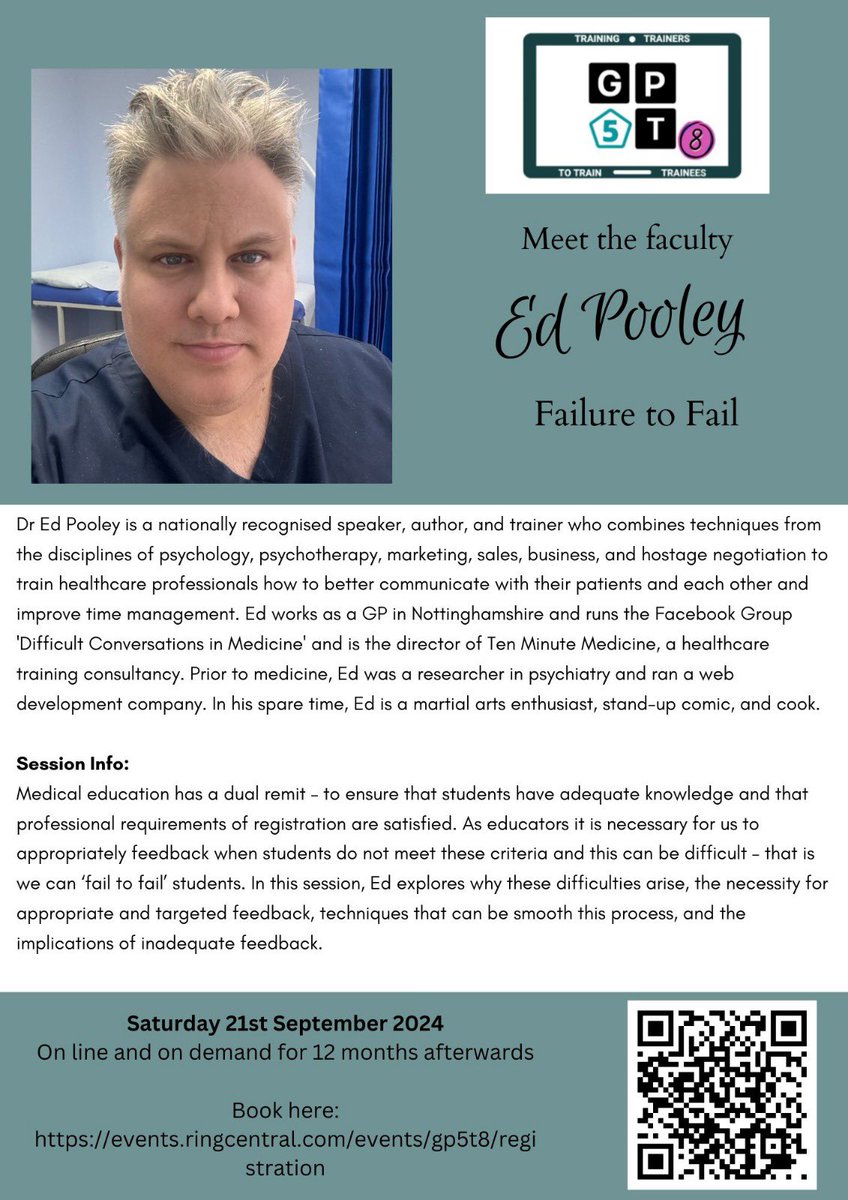 Meet our fabulous faculty for GP5T8 on 21st September 

First up: <a href="/dr_edwardpooley/">Ed Pooley</a> who’ll be talking about “Failure to Fail”

Book your space now: events.ringcentral.com/events/gp5t8/r…