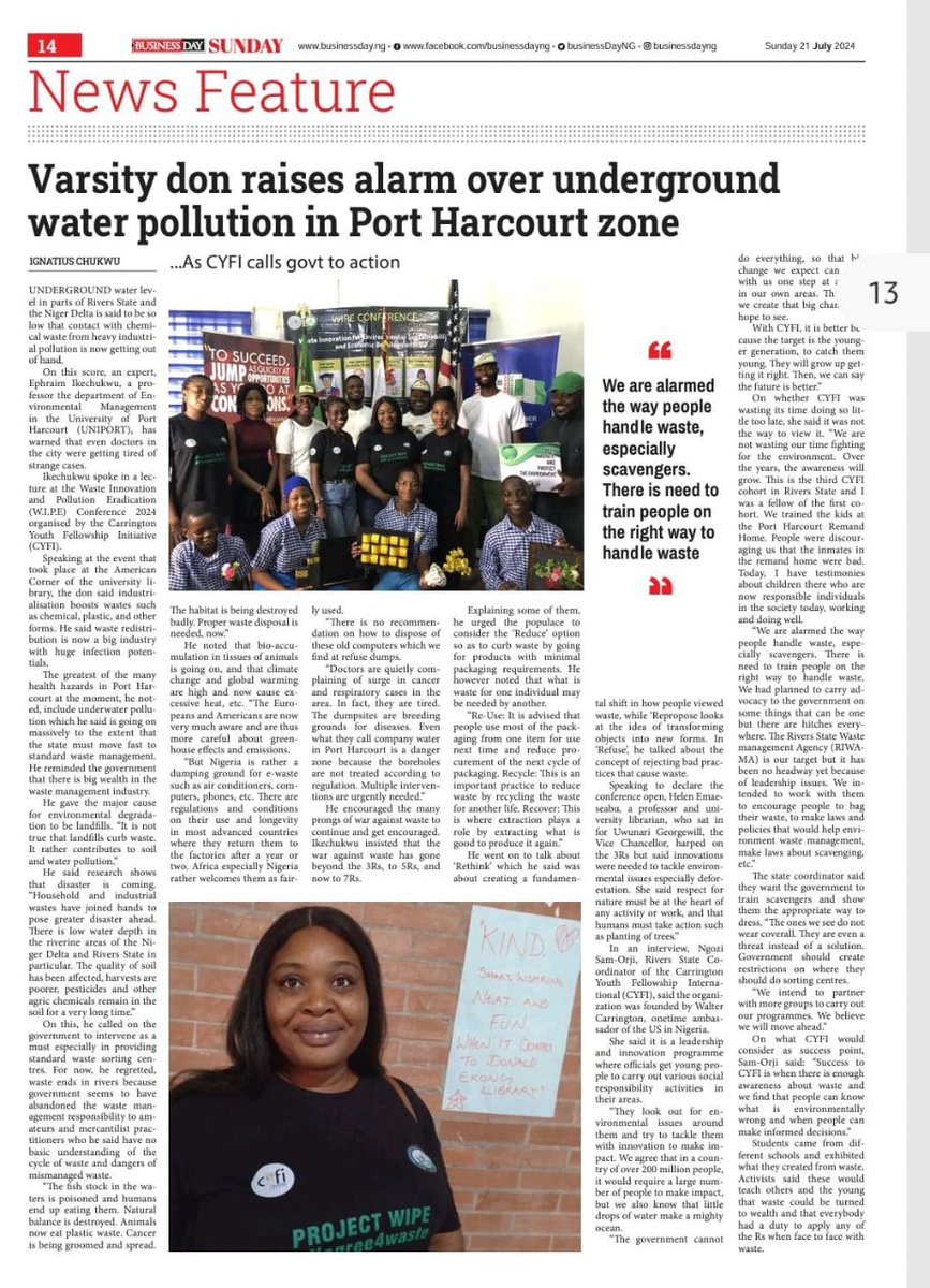 Cyfi_Rivers's tweet photo. We are honoured to have been featured in the Businessday newspaper for our work on environmental sustainability. https://t.co/DAeEfKUhIw
