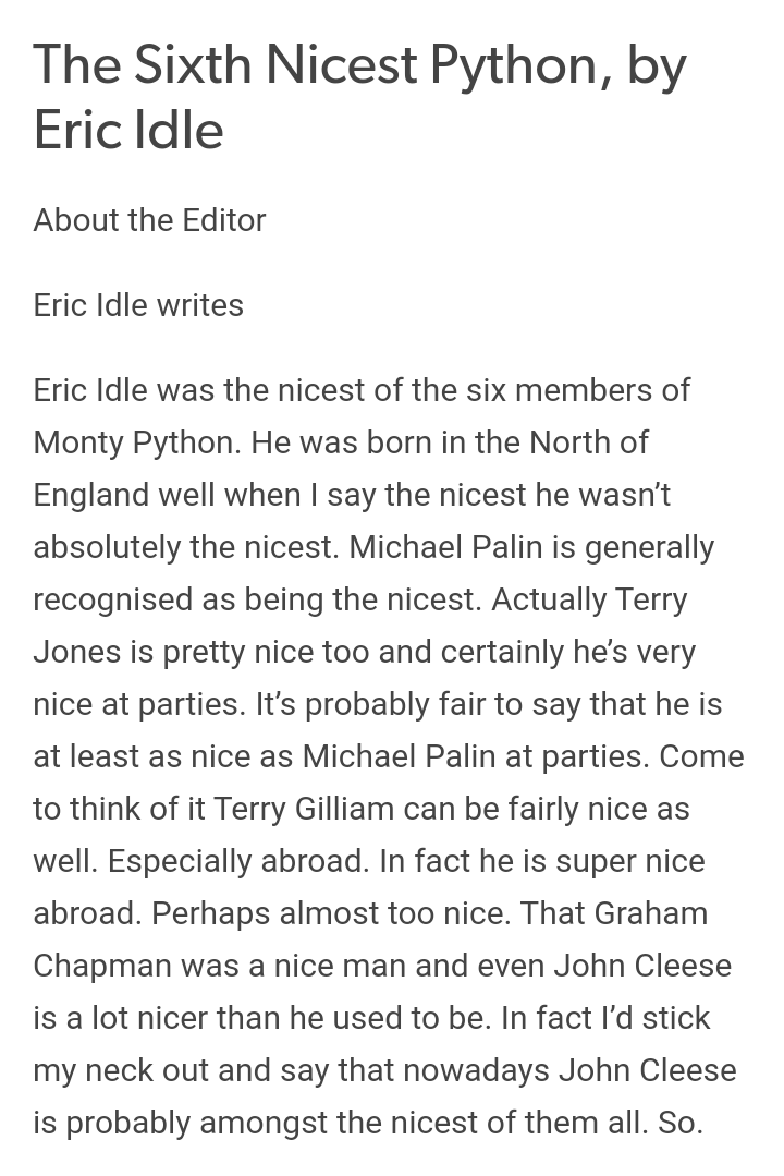 _daveharrison's tweet image. The Sixth Nicest Python, by @EricIdle.

#PythOnline