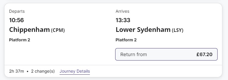 almossah's tweet photo. @nationalrailenq Can you explain why if I travel to Lower Sydenham from Chippenham via Paddington it is cheaper than travelling to Chippenham ON THE SAME TRAIN? https://t.co/pRPxyLQhjo