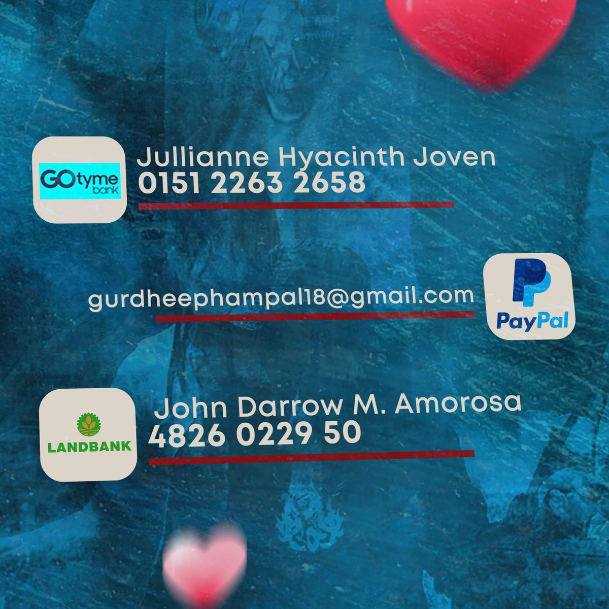 tkstamesa's tweet photo. FOR MONETARY DONATIONS

𝗚𝗖𝗔𝗦𝗛/𝗠𝗔𝗬𝗔
Jullianne Hyacinth Joven | 09064164678
Godofredo Barraca Jr. | 09206756912

𝗣𝗔𝗬𝗣𝗔𝗟
gurdheephampal18@gmail.com

𝗚𝗢𝗧𝗬𝗠𝗘 
Jullianne Hyacinth Joven | 0151 2263 2658

𝗟𝗔𝗡𝗗𝗕𝗔𝗡𝗞
John Darrow M. Amorosa | 4826 0229 50 https://t.co/eJz31Nz2PE