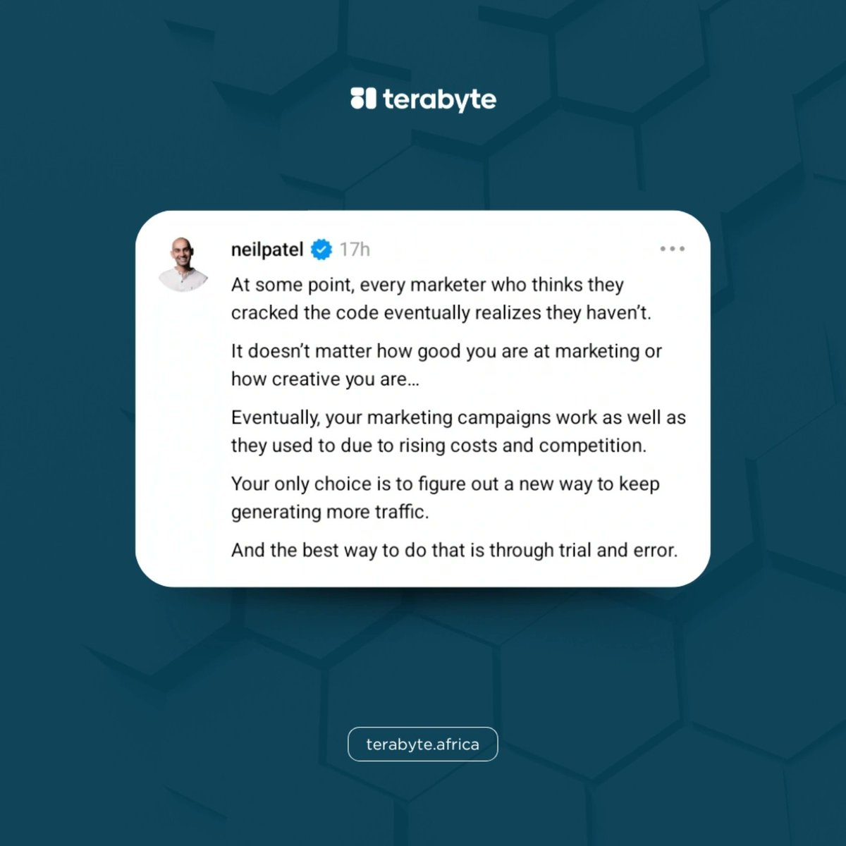 jointerabyte's tweet photo. Hey bestie,

So today we'd wanna share this thread by @neilpatel about how as a business owner, the only way to create your marketing edge is continuous trial and error.

Never stop experimenting. And eventually when you find what works, double down on it to maximize your revenue https://t.co/Qe489GPEPf