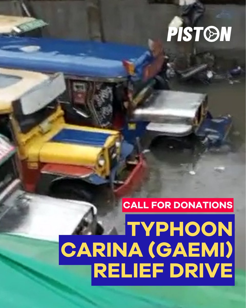 pistonph's tweet photo. ⚠️CALL FOR DONATIONS⛈️

Typhoon Carina (international name: Gaemi) has been devastating southern Luzon, including Metro Manila, in the northern Philippines since the morning of July 24, 2024. We urgently call for collective action to support the backbone of our urban mobility: our public transport workers. These essential yet often overlooked workers—particularly jeepney drivers and their communities—now face unprecedented challenges in the storm's wake.

The typhoon's impact has been severe and far-reaching: Hundreds of public transport routes are submerged, crippling the sole income source for thousands of jeepney drivers and other small-scale public transport workers in Metro Manila. Beyond their work, these workers' homes and communities have been battered by powerful winds and extensive flooding.

In this critical moment, let us unite to help those who tirelessly serve our cities day in and day out. Your support can make a significant difference in helping these vital members of our community recover and rebuild.

FOR MONETARY DONATIONS:
🔗https://t.co/FOx3RRmG6M

FOR IN-KIND DONATIONS:
📍Drop-off point: 12-A Kasiyahan St., Brgy. Holy Spirit, Quezon City
📲Contact person: Nono - 0907 839 9840

Together, we can demonstrate the strength of our solidarity. Stand with our transport workers as they navigate this challenging time.

#CarinaPH