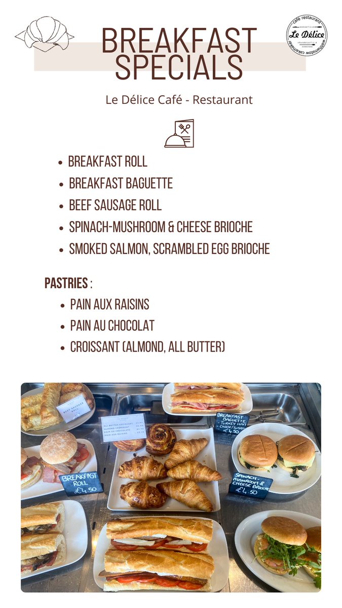 ⭐️Breakfast Specials At Le Délice🍽️ #eatlocal #GoodMorning #breakfast with #pastries #breakfastbaguette #breakfastroll #salmonbrioche and many more