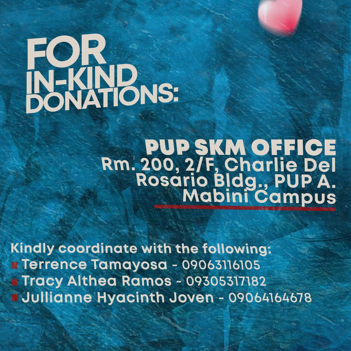 tkstamesa's tweet photo. FOR IN-KIND DONATIONS 

𝗣𝗨𝗣 𝗦𝗞𝗠 𝗢𝗳𝗳𝗶𝗰𝗲
Rm. 200, 2/F, Charlie Del Rosario Bldg., PUP A. Mabini Campus

Kindly coordinate with the following:

Terrence Tamayosa | 09063116105
Tracy Althea Ramos | 09305317182
Jullianne Hyacinth Joven | 09064164678 https://t.co/er8iyz9TuU
