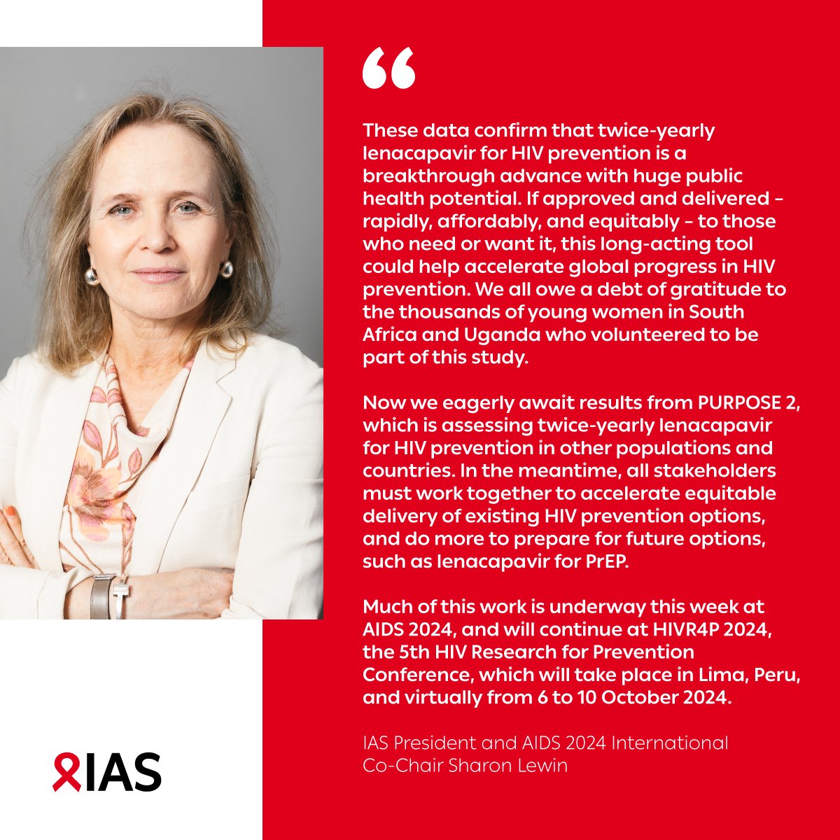 IAS - the International AIDS Society (@iasociety) on Twitter photo 📊 Today at #AIDS2024, Past IAS President <a href="/LindaGailBekker/">Linda-Gail Bekker</a> presents full results from PURPOSE 1 trial. The results confirm #lenacapavir demonstrated 100% efficacy for #HIV prevention in cisgender women.
Read IAS President & AIDS 2024 Int'l Co-Chair <a href="/ProfSharonLewin/">Sharon Lewin</a>'s statement. 📊 Today at #AIDS2024, Past IAS President <a href="/LindaGailBekker/">Linda-Gail Bekker</a> presents full results from PURPOSE 1 trial. The results confirm #lenacapavir demonstrated 100% efficacy for #HIV prevention in cisgender women.
Read IAS President & AIDS 2024 Int'l Co-Chair <a href="/ProfSharonLewin/">Sharon Lewin</a>'s statement.