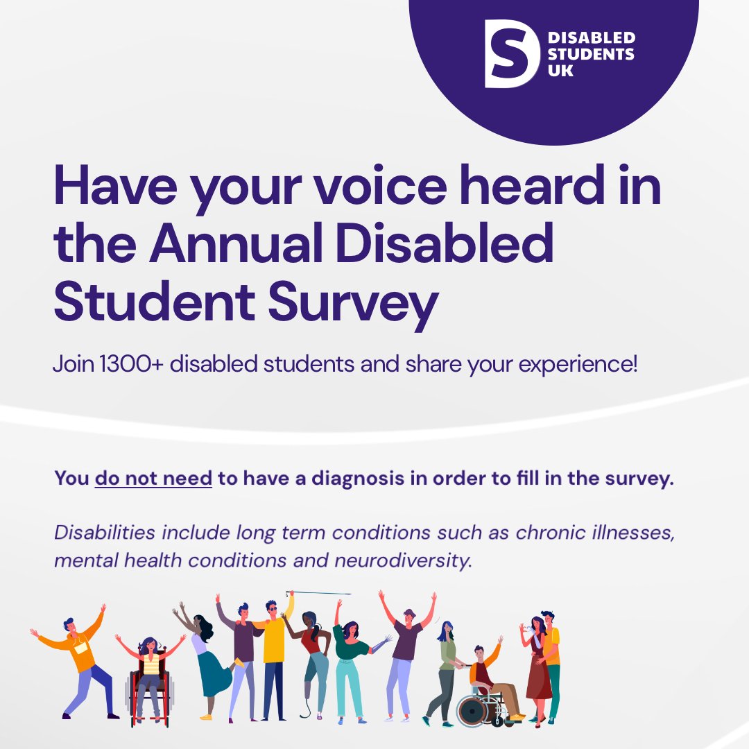 📢There is only one week left to have your voice heard in the Annual #DisabledStudentSurvey

Help shape the future of accessibility at uni!

#DisabledStudents #Accessibility #DisabilityPrideMonth #Disability 

app.onlinesurveys.jisc.ac.uk/s/dsuk-researc…