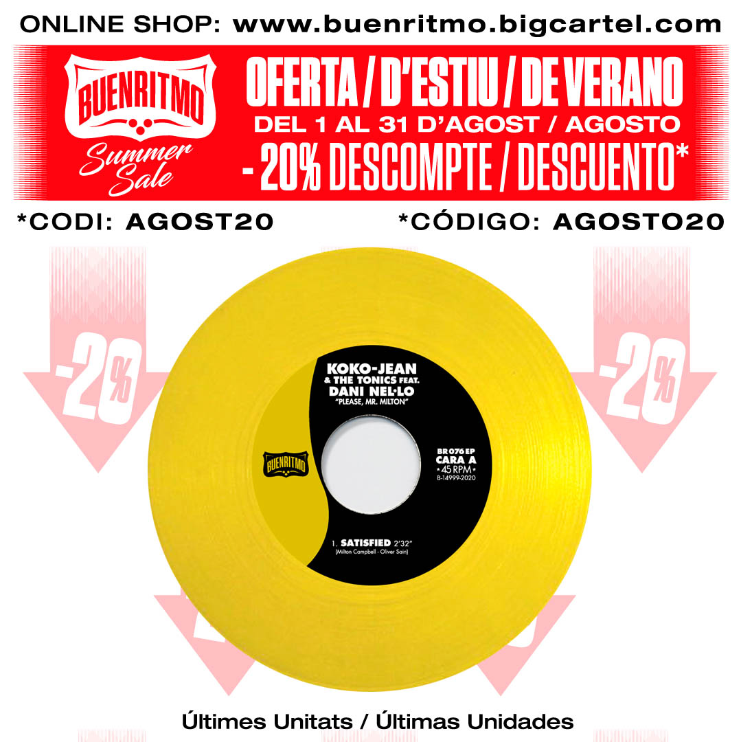 Quedan muy pocas copias del 7” de <a href="/KokoJeanTonics/">Koko-Jean & The Tonics</a>  junto a <a href="/Nellosax/">Dani Nel·lo</a> en su edición en vinilo amarillo. En agosto las tienes con un 20% de descuento en nuestra tienda online con el código AGOSTO20 . buenritmo.bigcartel.com/products
buenritmo.bigcartel.com/artist/koko-je…