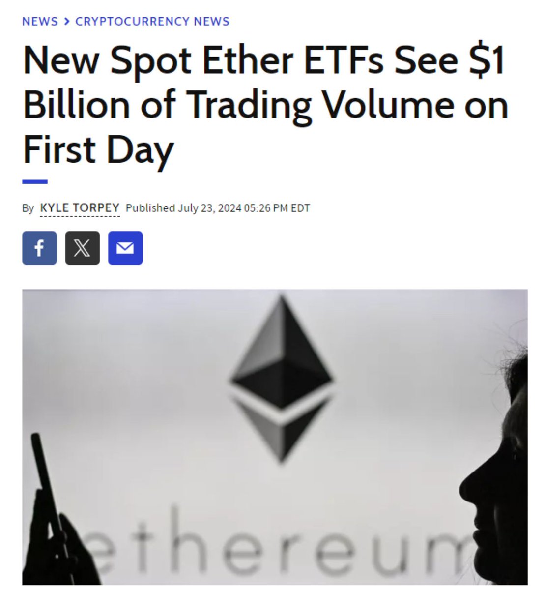 El nuevo ETF spot de #ETH mueve más de 1000 millones de dolares en su primer día de negociación.