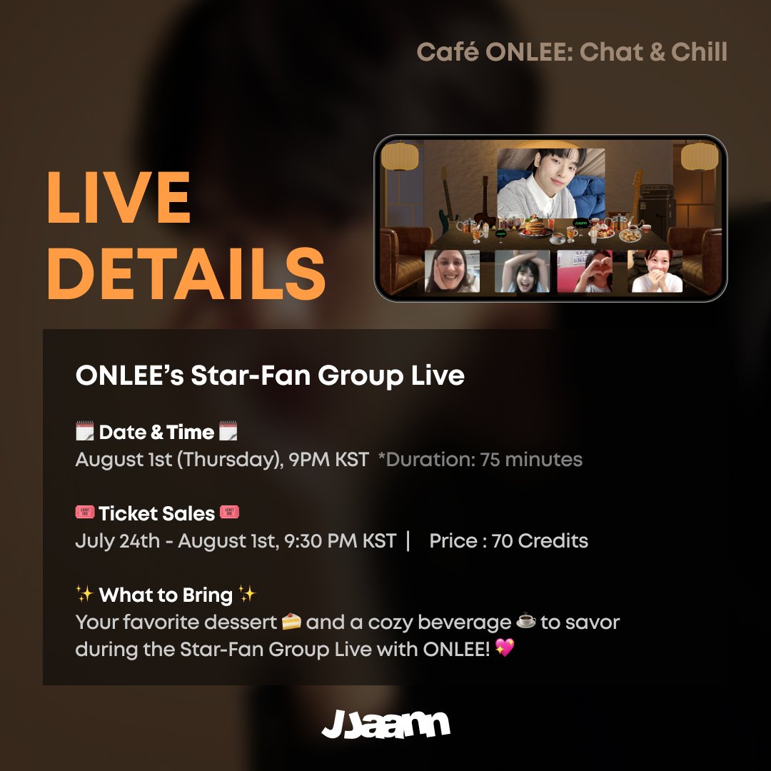 official_onlee's tweet photo. My Star-Fan Group Live will be held on 
August 1st at 9 pm (KST).
Let’s grab a coffee or tea and have fun!
Download JJAANN and get your ticket now!
@jjaann_global 

Buy your ticket here:
https://t.co/bIHLD6Utzp
 
#ONLEE #이승환 #온리 #JJAANN #StarFanGroupLive https://t.co/BbUs0TJ8sR