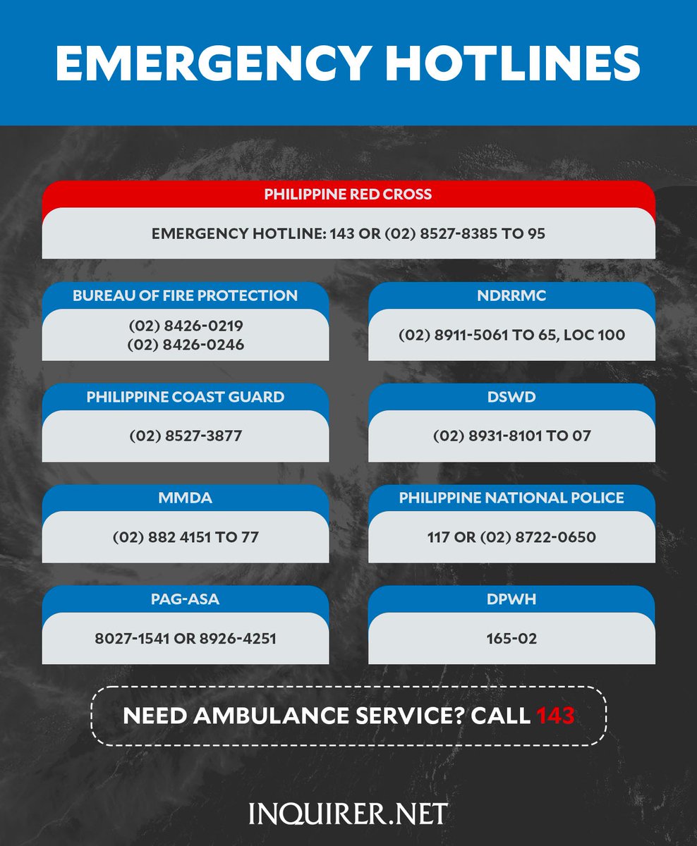 EMERGENCY NUMBERS TO TAKE NOTE 📝🚨

Here are the emergency contact numbers you may need amid the severe weather conditions caused by #CarinaPH.

⁠•⁠ ⁠Visit inqnews.net/CarinaPH to stay updated with the latest #CarinaPH news and stories.