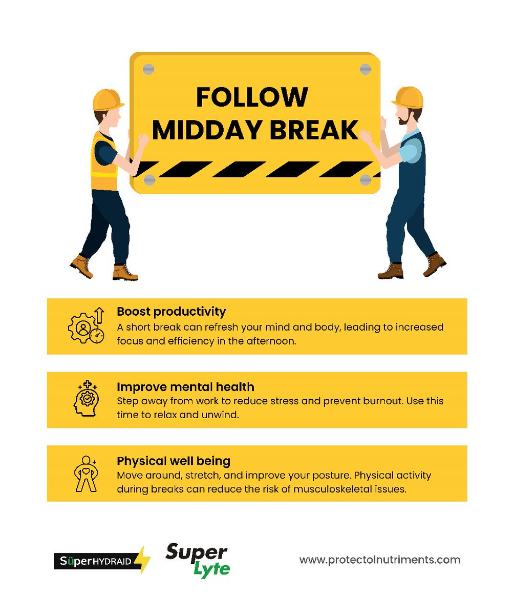 protectolhs's tweet image. Boost productivity, mental health, and physical well-being with a midday break! 🌞 Take a short break to refresh and recharge.
#protectolhealth #middaybreak #worksitesafety #workersafety #lifematters