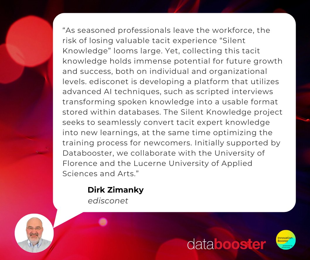 Databooster (@ib_databooster) on Twitter photo We are thrilled to share the development of the Silent Knowledge project, initially supported by the <a href="/IB_Databooster/">Databooster</a> .
To unlock the power of tacit knowledge in your organization, partner with this innovative project.
More info: edisconet.com/the-future-of-…
#swissinnovationbooster We are thrilled to share the development of the Silent Knowledge project, initially supported by the <a href="/IB_Databooster/">Databooster</a> .
To unlock the power of tacit knowledge in your organization, partner with this innovative project.
More info: edisconet.com/the-future-of-…
#swissinnovationbooster
