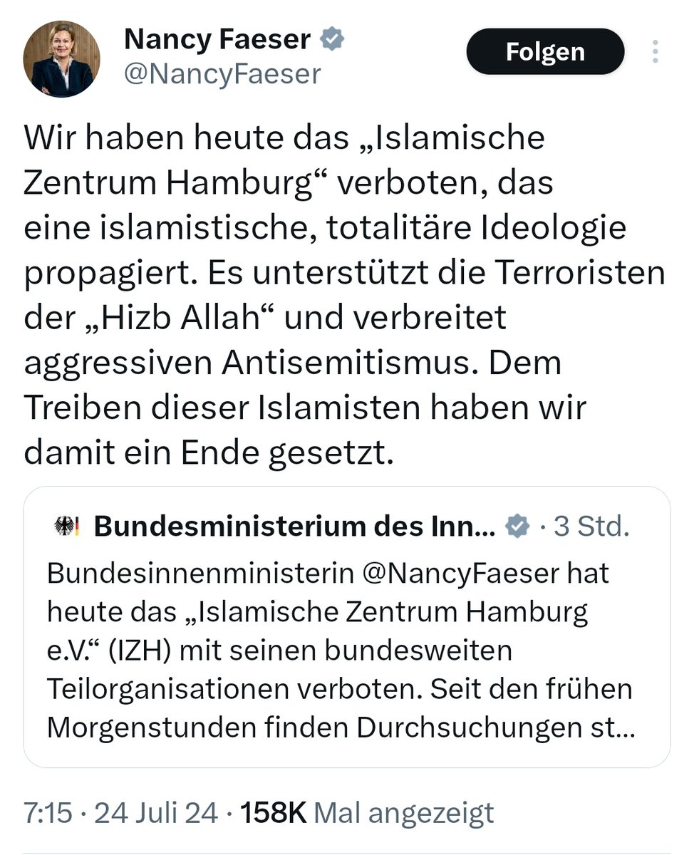 GatorTaurog's tweet image. Ist das der Versuch vom juristisch fragwürdigen #Compactverbot abzulenken?

Wenn auch Islamisten verboten werden, macht Frau Faeser doch alles richtig, könnte man denken.