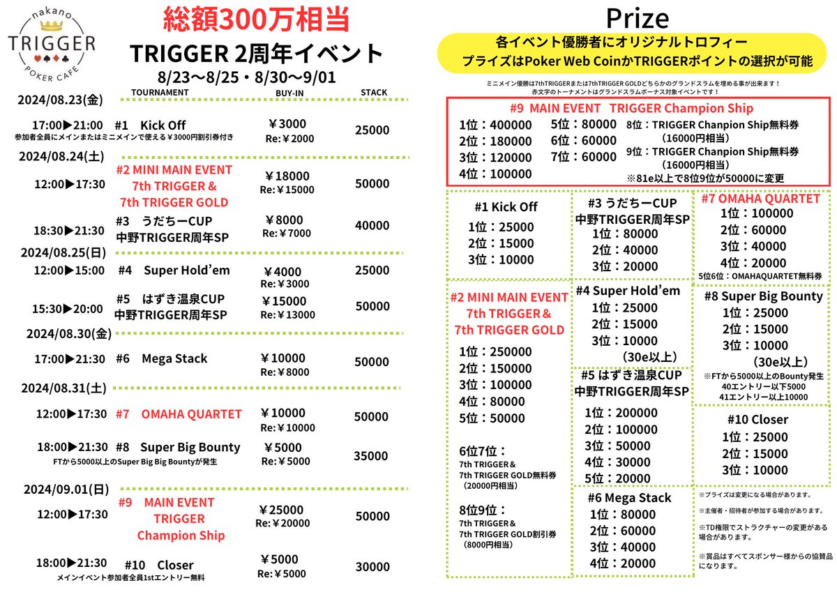 TRIGGER_ML's tweet photo. ◤￣￣￣￣￣￣￣￣￣￣￣￣◥
中野TRIGGER 2周年イベント
出たいイベント引用リポストで
　　無料招待が当たる！！
◣＿＿＿＿＿＿＿＿＿＿＿＿◢

ついに開催まで1ヶ月を切りました！

今年の8月23.24.25.30.31   9月1の6日間で中野TRIGGERでは大放出イベントが開催されます✨

イベント詳細をご確認の上是非ご参加下さい！
都内で最強の期間になる事間違いなし🔥

1stエントリー無料招待抽選発表は

①当アカウントをフォロー
②出たいイベントを8/5 23時59分までに引用リポスト&リポスト

をしてくださった方の中から全イベント1名ご招待致します🔥

※鍵アカウントや懸賞アカウントと思われるアカウントは対象外となります

🔶無料招待当選の方はトーナメント開始時間1時間以内のご着席で1stエントリーが無料対象となります