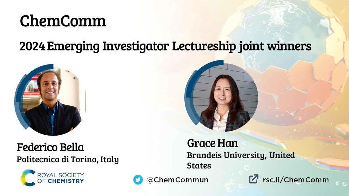 Chemical Communications (@chemcommun) on Twitter photo We're delighted to announce that Federico Bella (<a href="/PoliTOnews/">Politecnico di Torino</a>) and Grace Han (<a href="/GraceGDHan/">Grace Han</a>, <a href="/BrandeisU/">Brandeis University</a>) have been jointly awarded the 2024 ChemComm Emerging Investigator Lectureship!
Find out more about Federico and Grace on our blog page 👉 buff.ly/4bVIAwC We're delighted to announce that Federico Bella (<a href="/PoliTOnews/">Politecnico di Torino</a>) and Grace Han (<a href="/GraceGDHan/">Grace Han</a>, <a href="/BrandeisU/">Brandeis University</a>) have been jointly awarded the 2024 ChemComm Emerging Investigator Lectureship!
Find out more about Federico and Grace on our blog page 👉 buff.ly/4bVIAwC