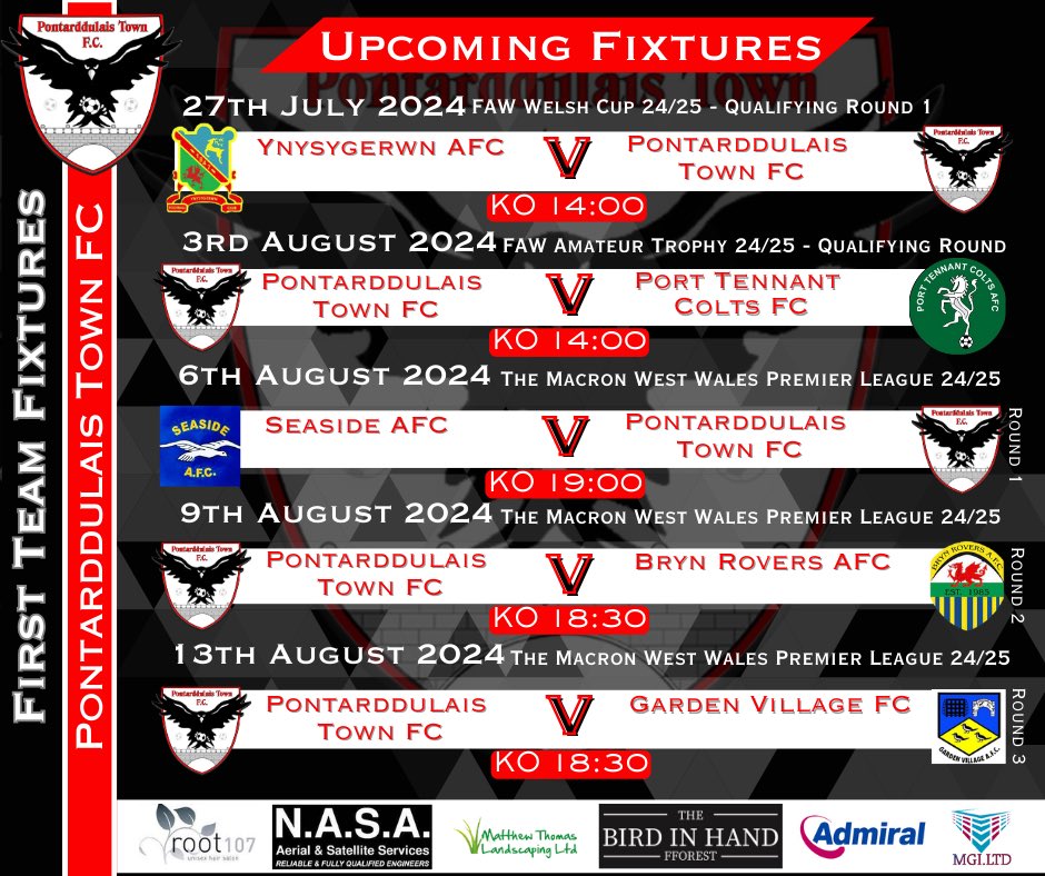PontarddulaisFC's tweet photo. First Team Fixtures 
#COTB #pontarddulaistownfc #PTFC https://t.co/7So97zt3WP