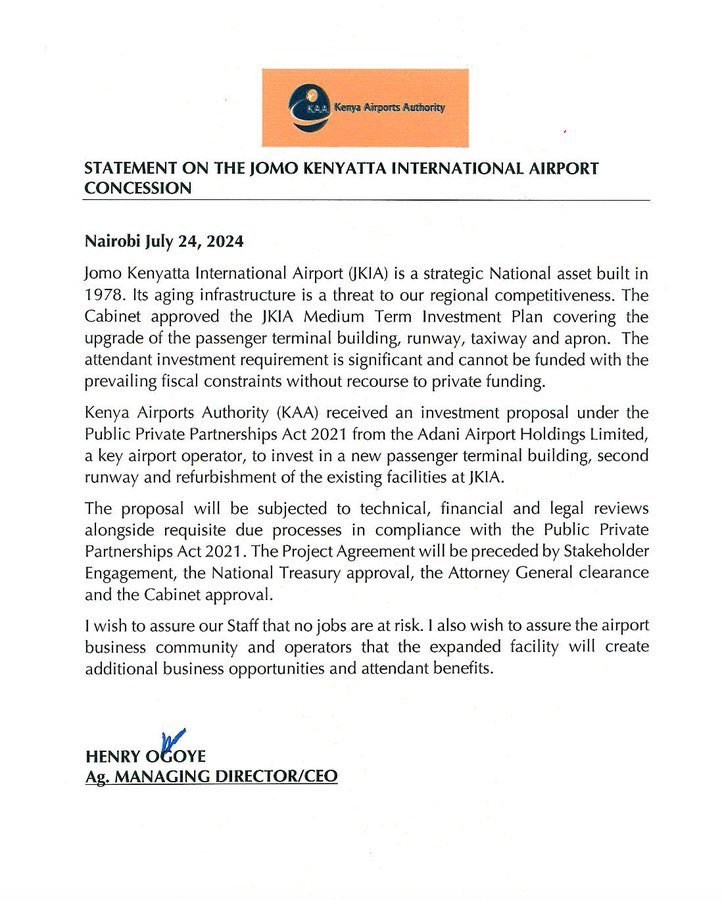 C_NyaKundiH's tweet photo. KAA acknowledges the existence of a deal proposal from the Adani Group concerning JKIA. https://t.co/zuXFQX3YRU