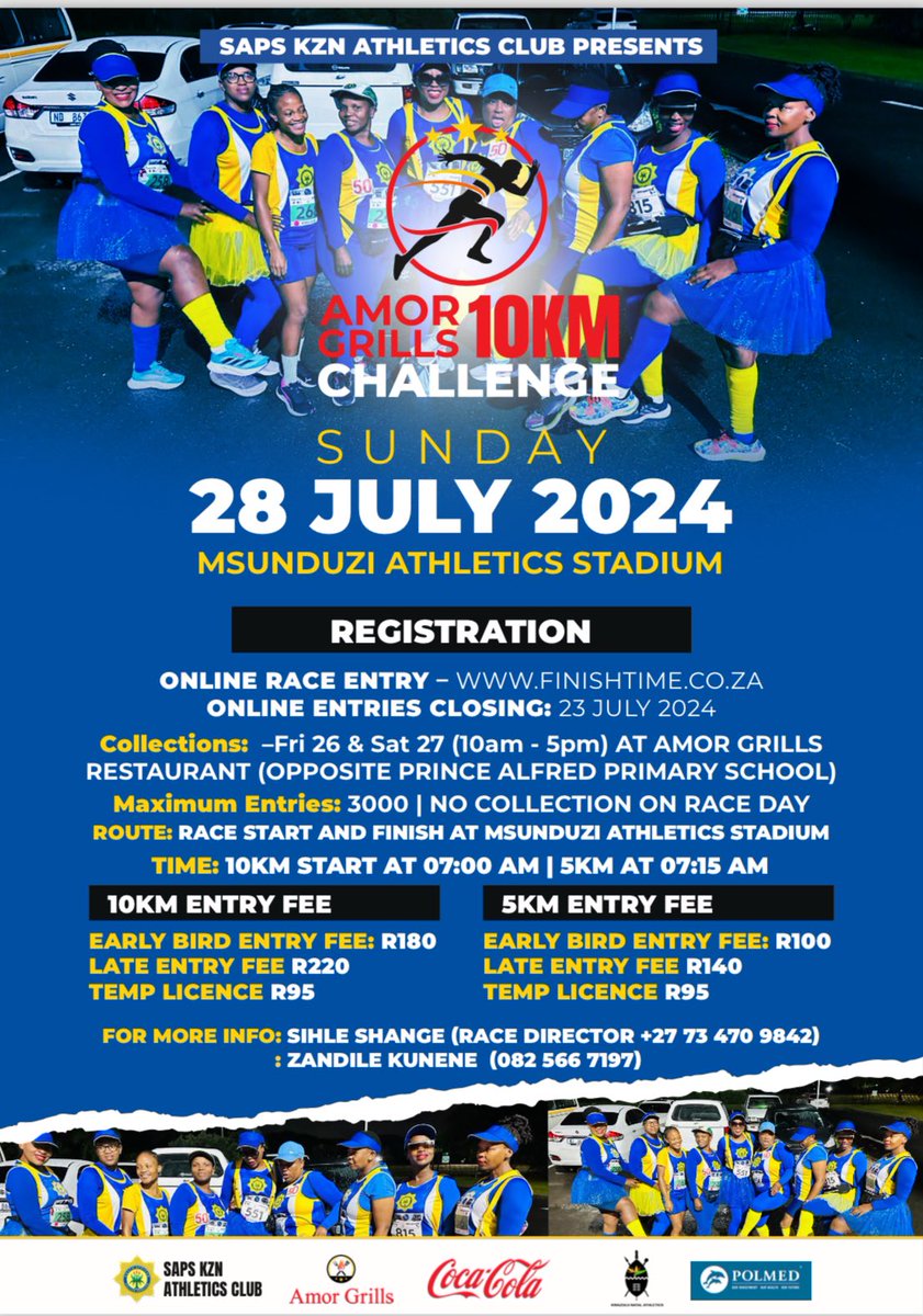 AmorGrills's tweet photo. AMOR GRILLS 10KM CHALLENGE

Late entries will be available on Friday and Saturday at AMOR GRILLS RESTAURANT (Opposite Prince Alfred Primary, Pietermaritzburg) from 10h00 until 18h00. https://t.co/iEUoNNYUl8