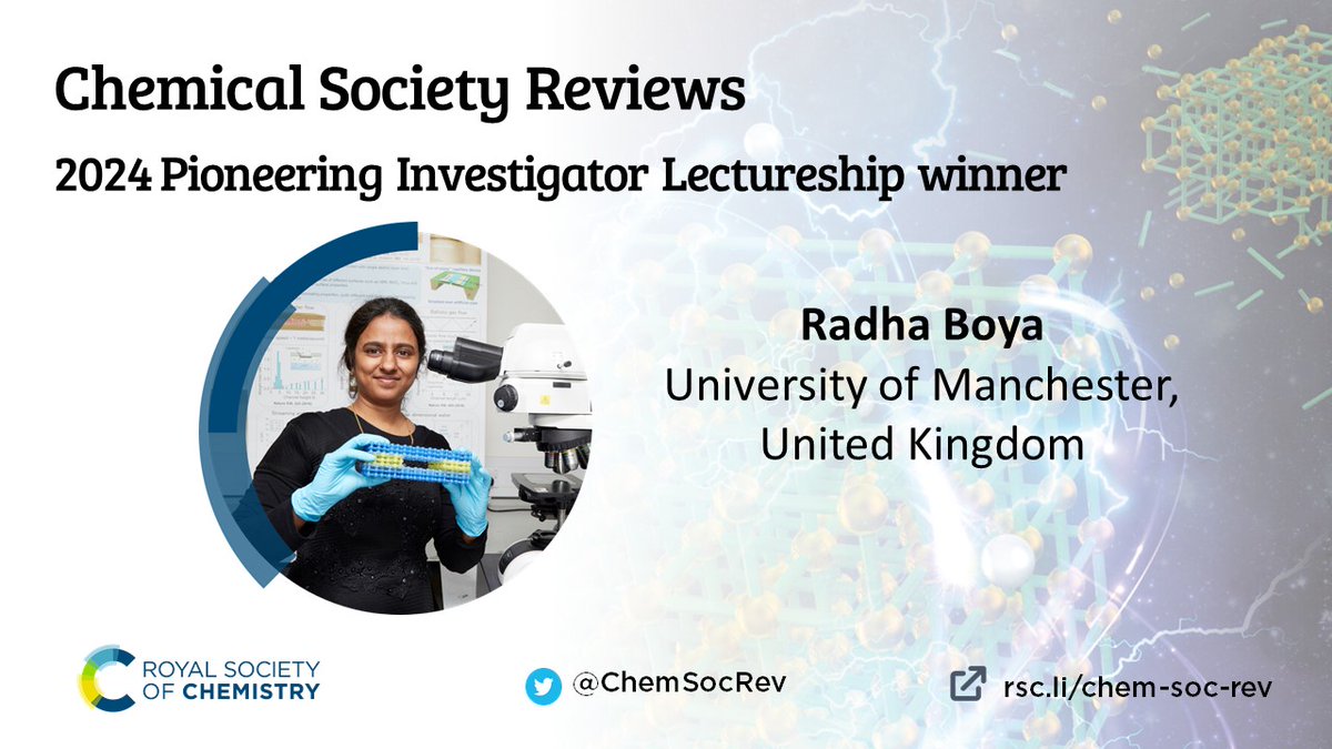 Chem Soc Rev (@chemsocrev) on Twitter photo We're delighted to announce that Radha Boya (<a href="/radhaboya/">Radha Boya</a>) has been awarded the 2024 Chemical Society Reviews Pioneering Investigator lectureship!
Find out more about Radha and her research on our blog 👉 blogs.rsc.org/cs/2024/07/24/… We're delighted to announce that Radha Boya (<a href="/radhaboya/">Radha Boya</a>) has been awarded the 2024 Chemical Society Reviews Pioneering Investigator lectureship!
Find out more about Radha and her research on our blog 👉 blogs.rsc.org/cs/2024/07/24/…