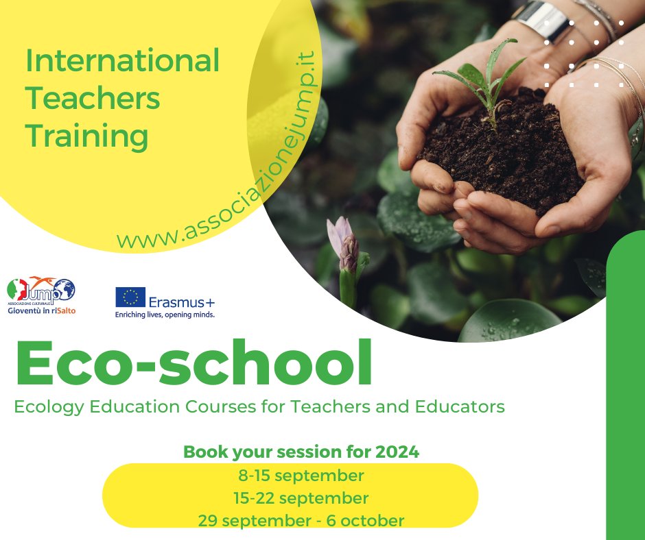 AssoJUMP's tweet photo. Erasmus Plus Course in Soverato - Calabria (Italy)
provided by the JUMP ACADEMY Professional Training
ECO-SCHOOL: Ecology education course for teachers and educators

associazionejump@gmail.com https://t.co/WDMxL94QMZ

#Ecology #Erasmusplus #Europeanprojects #Soverato #Calabria https://t.co/tYHSxJtuxt